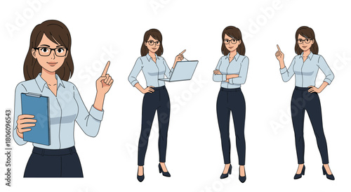 Animated professional woman in glasses showcases versatility through various poses, including presenting, working on a laptop, and confident stances.