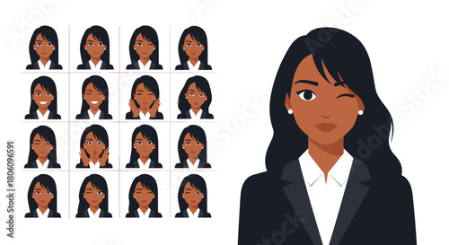 A collection of diverse facial expressions and emotions for an African American businesswoman avatar, suitable for digital communication and branding.