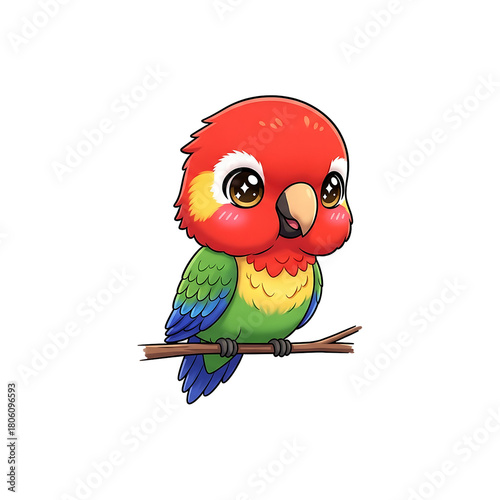 Adorable Cartoon Parrot Sitting on a Branch with Big Eyes