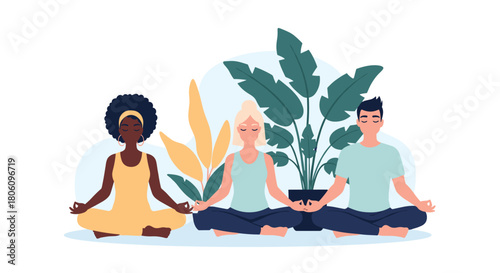 Diverse group of three individuals practicing meditation and mindfulness together in a serene setting with indoor plants, promoting peace and wellness.