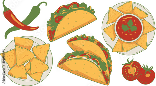 Delicious Cartoon Mexican Food Tacos, Nachos with Salsa, Chili Peppers, and Tomatoes