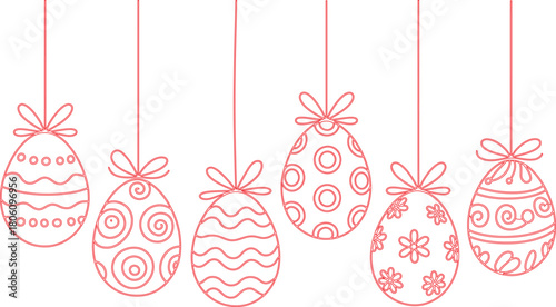 Easter Eggs Hanging Decoration Red Outline of Ornate Patterns on White Background