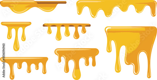 Drips of Golden Honey Cartoon Style Illustrations with Various Shapes on White Background