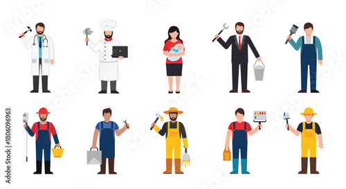 Diverse professional people from various occupations, including doctors, chefs, mothers, firefighters, and builders, depicted in a flat design style.
