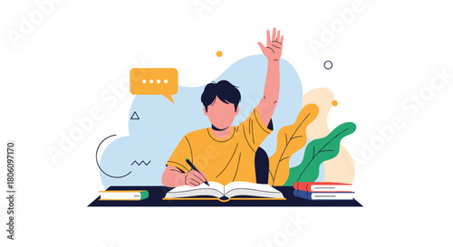 Student raising hand and writing at a desk with books, engaging in active learning and classroom participation.