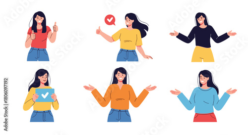 Diverse collection of illustrations featuring a happy woman expressing approval, success, or open communication with various gestures.