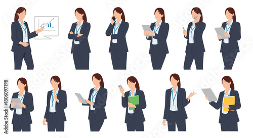 A collection of various poses of a professional businesswoman showcasing different office tasks and interactions in a clean, modern style.