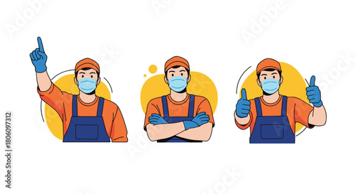 Male service worker in uniform, face mask, and gloves showing different gestures like pointing up, arms crossed, and thumbs up, emphasizing safety.