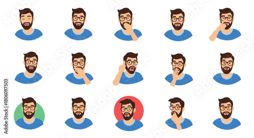 Set of diverse cartoon vector illustrations showing a bearded man with glasses displaying a wide range of emotions and gestures, from happy to surprised and thoughtful.