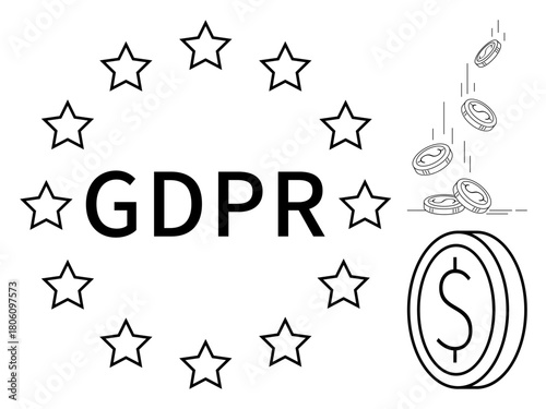 GDPR text surrounded by stars representing the EU, next to falling coins and a dollar sign. Ideal for data privacy, legal regulation, compliance, digital economy, governance, penalties, risk