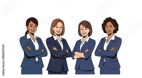 Four diverse businesswomen in professional suits stand together with confident smiles and crossed arms, symbolizing teamwork and empowerment.