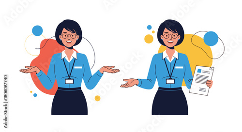 A friendly female professional, in business attire and glasses, is shown presenting information with open hands and holding a document.