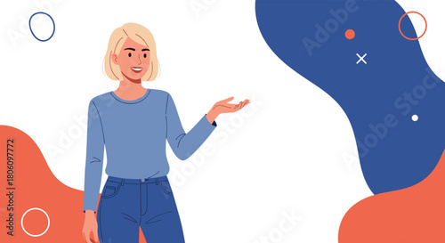 A cheerful young woman with blonde hair stands in a modern abstract background, gesturing with an open hand, suitable for a welcoming or explanatory context.