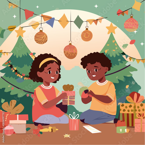 Delighted siblings share holiday cheer, creating beautiful handmade Christmas gifts and unique ornaments, immersed in a warm, festive crafting session amidst seasonal decorations