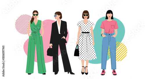 Four stylish women showcasing diverse fashion styles and modern outfits on a white background with abstract shapes.