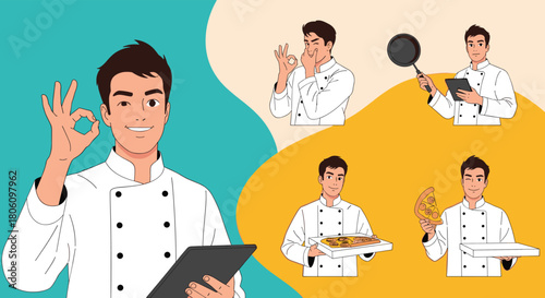 A cheerful chef character in a uniform performing various culinary tasks, including making an 'OK' sign, taking orders, cooking, and serving delicious pizza.