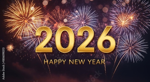 Golden 2026 text overlaid on a vibrant celebratory fireworks display illuminating the night sky for new year s eve festivities and a happy new year greeting