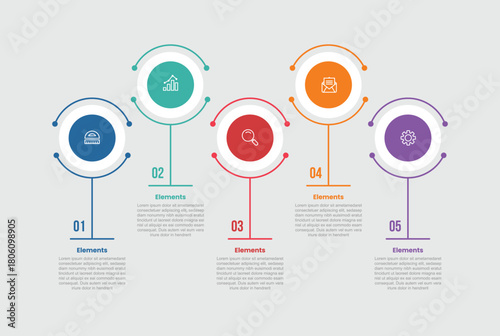 5 elements infographic comparison diagram with big circle with line standing up and down direction with 5 step for slide presentation