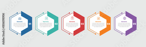 5 elements infographic comparison diagram with hexagon shape with thick slice accessories on right column with 5 step for slide presentation