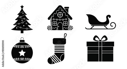 Collection of six black and white christmas icons including a tree gingerbread house sleigh ornament stocking and gift