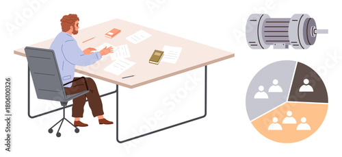 Worker seated at desk reviewing documents with motor image and circular teamwork diagram. Ideal for productivity, collaboration, industry, project planning, efficiency, workspaces, team dynamics