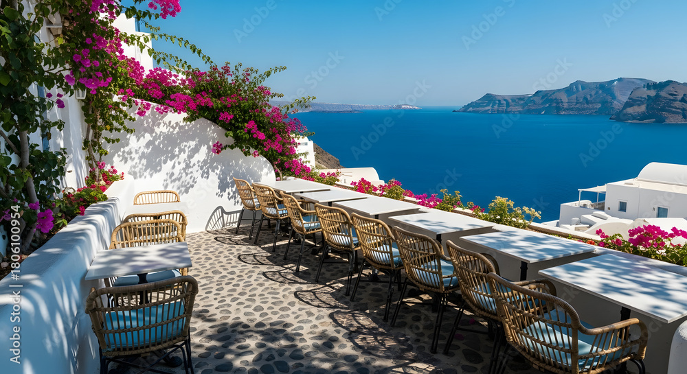 Obraz premium Idyllic Greek Terrace Overlooking the Sea