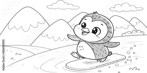 Cute baby penguin sliding on ice cartoon