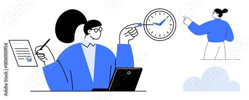 Businesswoman multitasking with a pen, document, laptop, and a clock. Highlights time management, task completion, and productivity. Ideal for project planning, work focus efficiency deadlines