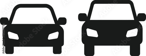 Car front silhouettes, black vector design, compact and angular styles, headlight detail, automotive comparison, minimal illustration, vehicle icon, modern shape