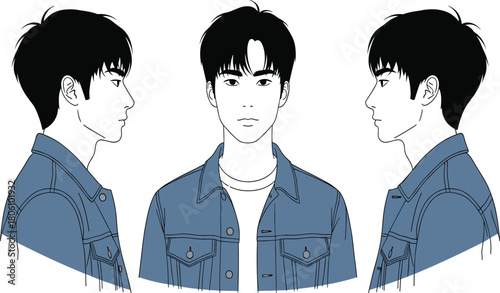 Character illustration front and side view, denim jacket, young person, profile drawing, vector clipart, minimalist style, fashion pose