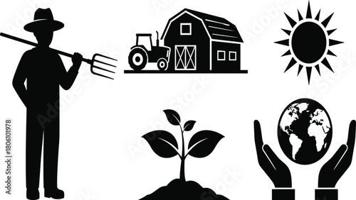 Farmer silhouette, barn tractor, sprouting plant, sun rays, global care, sustainability, agriculture icon, black white design, eco concept, growth