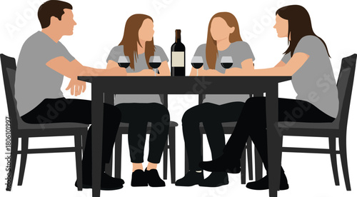 Casual gathering, wine tasting, friends talking, social evening, gray shirts, wooden chairs, leisure time, indoor setting, relaxed mood, companionship