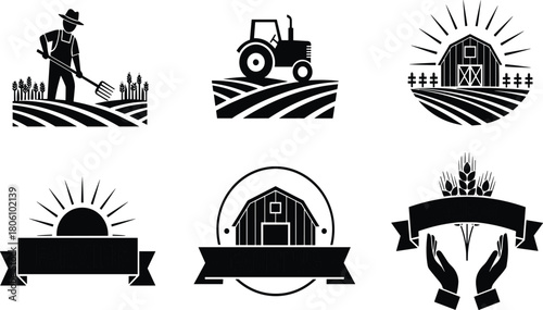 Farming vector icons, agriculture illustrations, tractor, barn, wheat, farmer, soil care, sunburst, banner design, rural life, black graphic
