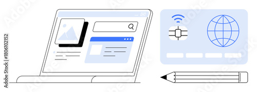 Open laptop displaying search features, global network icon, pencil representing education, technology, internet, research, creativity, innovation, and global connectivity in a simple flat metaphor
