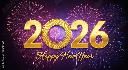 Golden 2026 text with a vibrant fireworks display in purple and pink hues celebrating the arrival of the new year with a festive and celebratory atmosphere