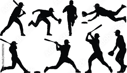 Baseball player silhouette collection, eight dynamic action poses in black vector style for sports design and athletic illustration