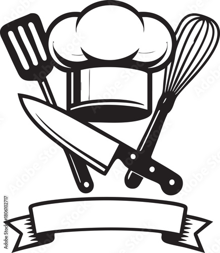 Chef hat and cooking tools emblem