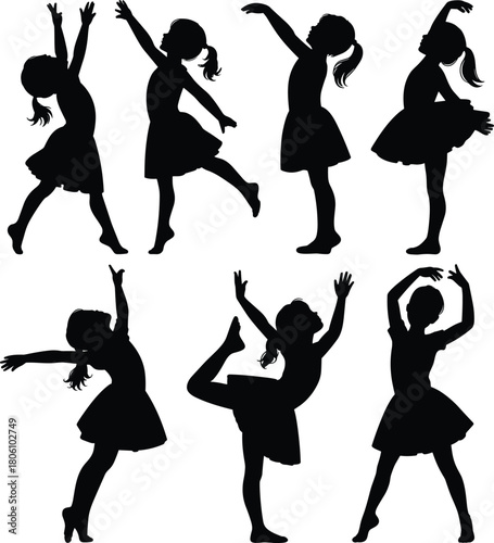 Ballet girl silhouette illustration set, dance poses, graceful movement, tutu dress, performing arts icon, elegant posture, stage expression