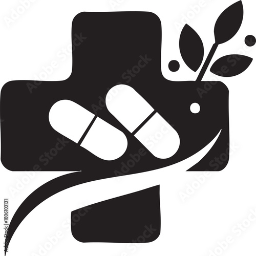 Pharmacy cross with pills and natural leaves