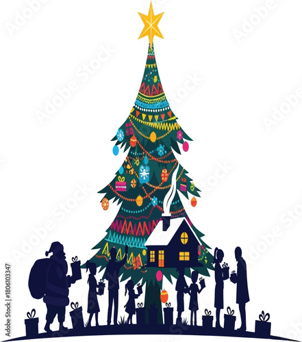 A heartwarming christmas scene with a decorated tree, santa claus, and children exchanging gifts, isolated on white background, evoking the spirit of the season
