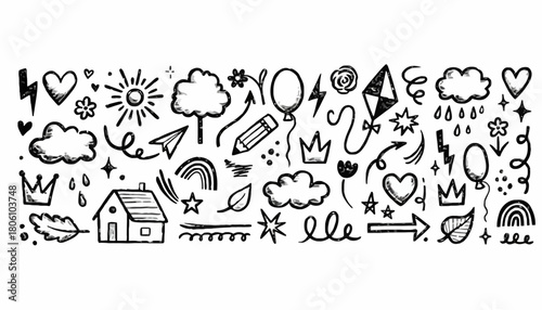 A charming collection of hand-drawn doodle icons and whimsical sketch elements. Cute black and white vector art set