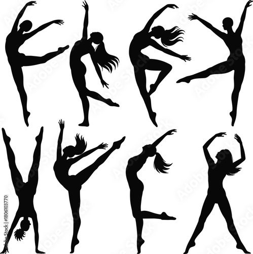 Dancer silhouette illustration set, ballet and contemporary poses, expressive movement, elegant body shape, performing arts icon, graceful motion