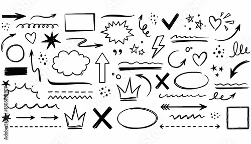 Hand-drawn doodle elements collection. Sketchy arrows, hearts, stars, and underlines for highlighting text or creating emphasis in designs