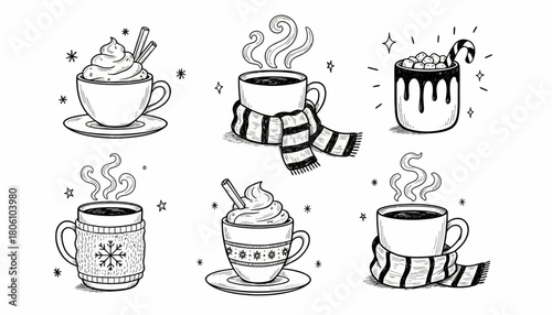 Collection of hand-drawn winter hot drinks like coffee and cocoa. Cozy doodle style vector illustration set of warm mugs