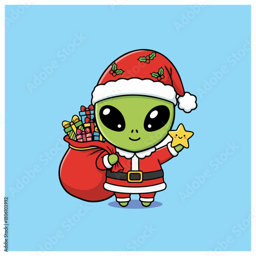 Festive Extraterrestrial: A cheerful alien donned in a Santa suit joyfully offers a star-shaped ornament, ready to deliver gifts filled with holiday cheer.