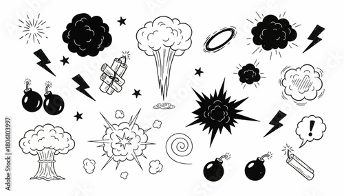 A doodle collection of comic book style explosions, bombs, dynamite sticks, and cartoon bang sound effects in a sketchy hand-drawn style