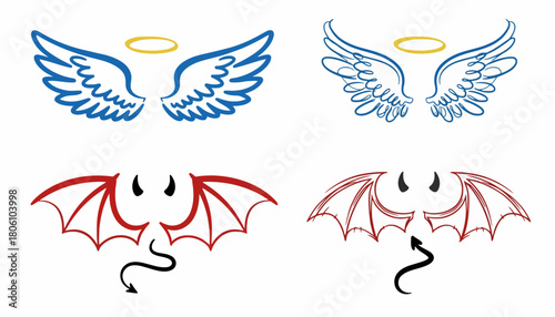 Stylized doodle set of angel and devil wings with corresponding halos, horns, and tails for design elements