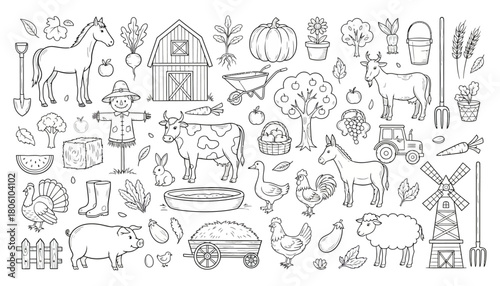 Collection of hand-drawn farm animal and agriculture doodles. Black and white line art vector illustration set of rural life icons