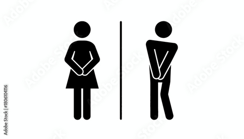 Funny restroom sign icons of a man and a woman desperately needing to use the toilet, vector illustration
