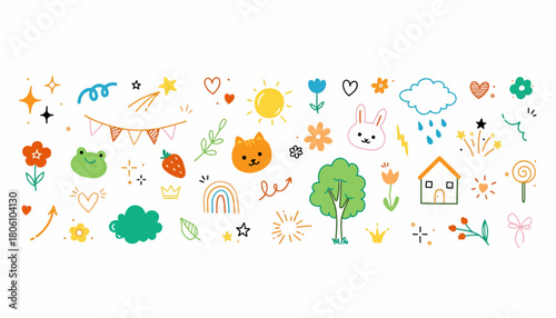 A whimsical collection of hand-drawn cute doodles featuring cartoon animals, nature elements, and festive icons for kids' creative projects
